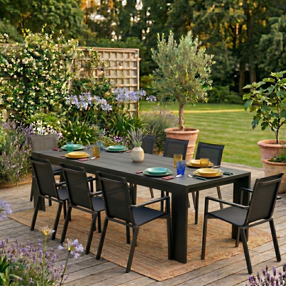 Ensemble ibiza 6/8p en aluminium gris/noir et 8 fauteuils en textilène