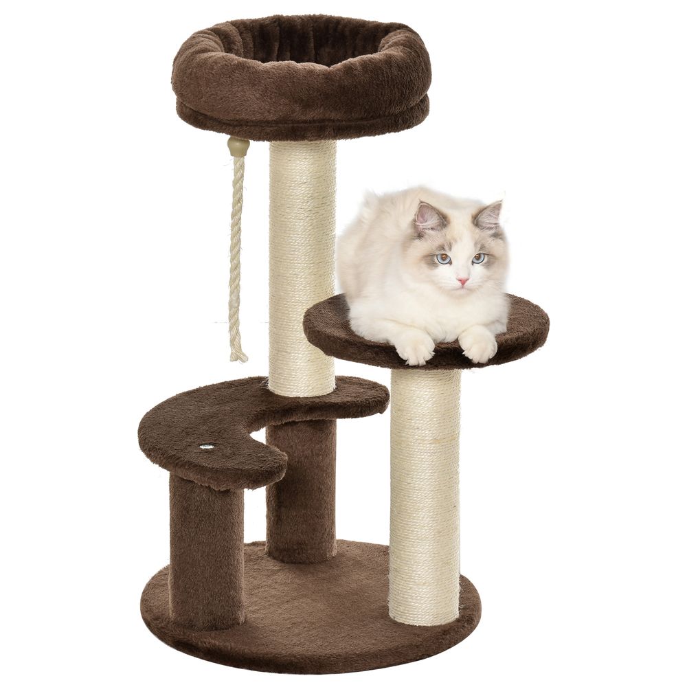 Petit arbre à chat 3 niveaux bois peluche pour chats lit griffoirs sisal 65cm marron