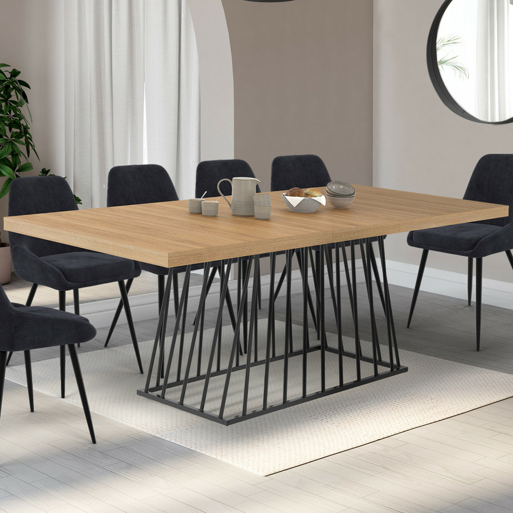 Table à manger extensible rectangle yuna 6-10 personnes plateau bois et pied filaire en métal noir 160 - 200 cm