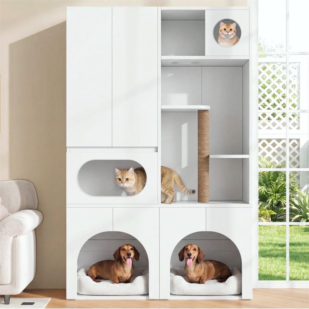 Meuble litière chat double bois blanc 140 x 45 x 195 cm griffoir et couchages
