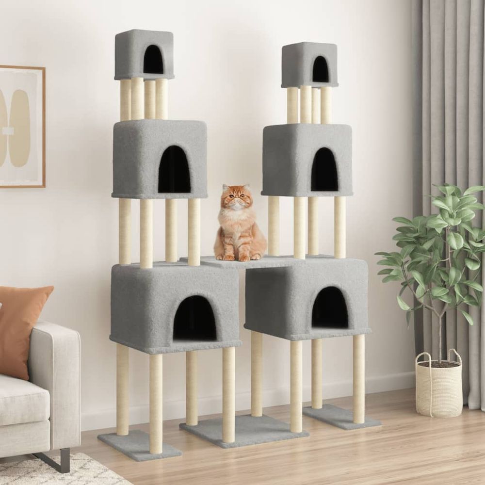 Arbre à chat très grand modèle xxl 199 cm, idéal plusieurs chats, 6 niches, sisal et peluche gris clair