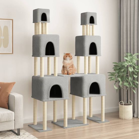 Arbre à chat très grand modèle xxl 199 cm, idéal plusieurs chats, 6 niches, sisal et peluche gris clair