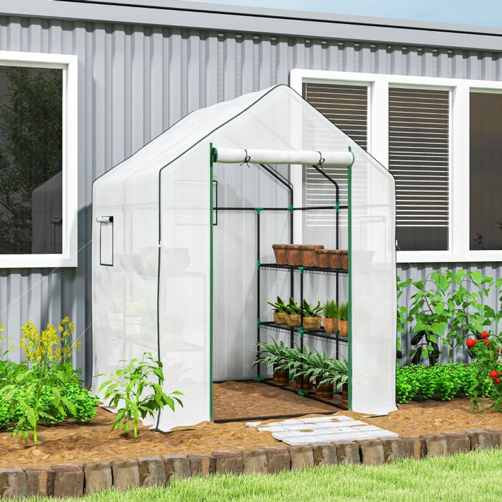 Serre de jardin pe renforcé 140 x 143 x 190 cm blanche avec étagères porte enroulable - comfortxl outdoor living