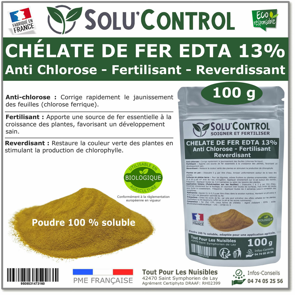 Solu'control Chélate de fer edta 13%, anti-chlorose, fertilisant, reverdissant-100g