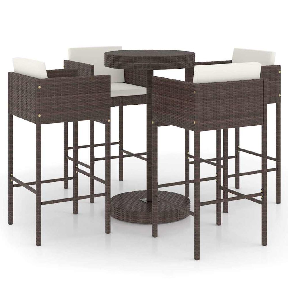 Ensemble bar de jardin 5 pcs et coussins résine tressée marron