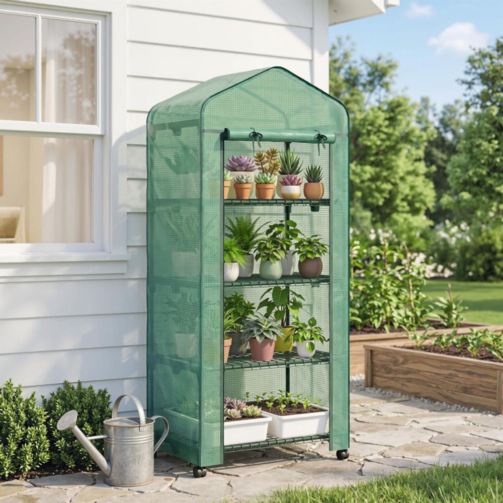 Mini serre de balcon 4 niveaux acier housse pe verte 69 x 50 x 165 cm mobile - comfortxl outdoor living