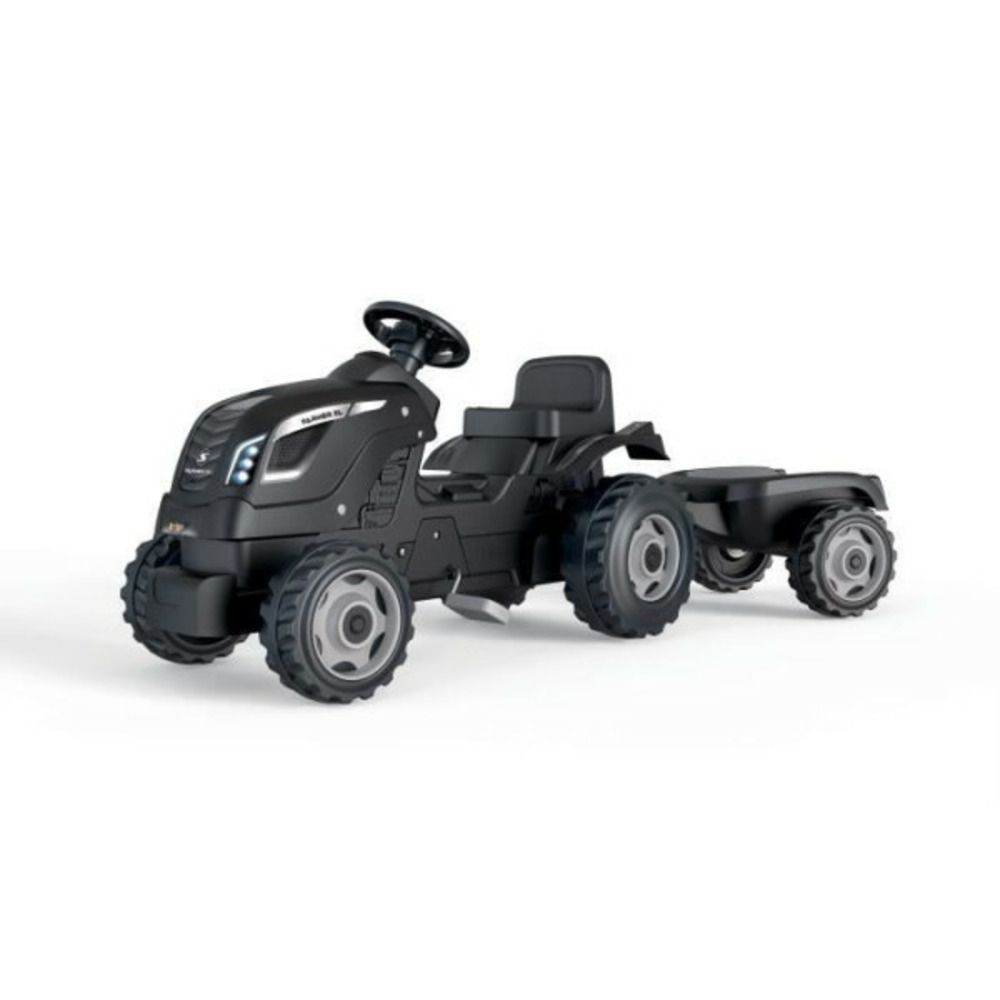 Tracteur a pédales farmer xl + remorque - smoby - noir - 90% plastique recyclé- siege ajustable - capot ouvrant - volant avec