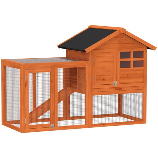 Clapier lapin 2 niveaux en bois de sapin orange 123,5 x 62,6 x 92,5 cm avec rampe