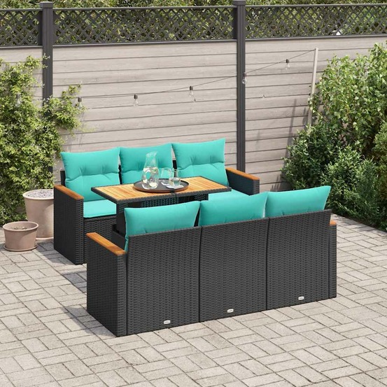 Salon de jardin 7 pcs avec coussins noir résine tressée