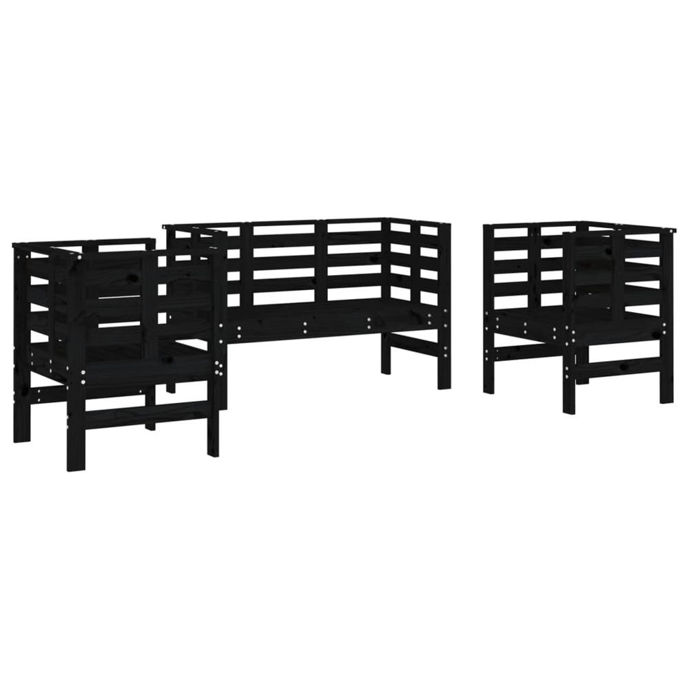 Salon de jardin 3 pcs noir bois massif de pin