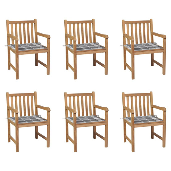Chaises de jardin lot de 6 et coussins carreaux gris bois teck