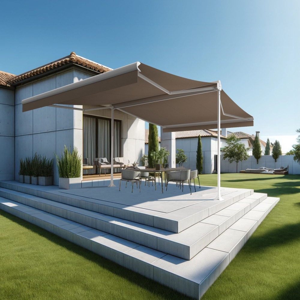 Store banne double pente enargite 4,00x2x3,00 m (manuelle - blanc satiné ral9010 - taupe)