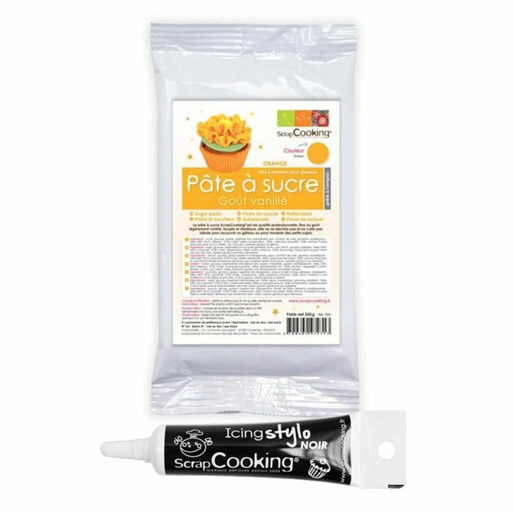 Pâte à sucre orange 250 g + stylo de glaçage noir