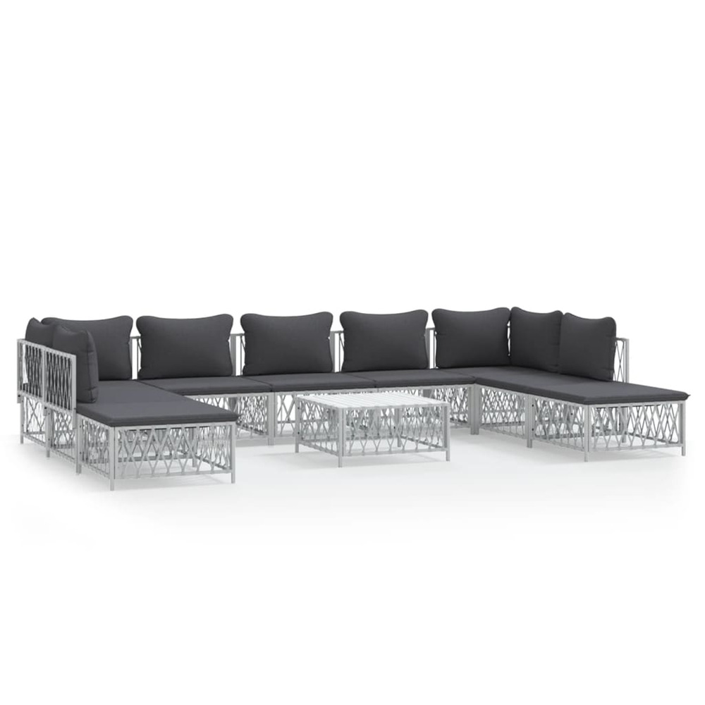 Salon de jardin avec coussins 10 pcs blanc acier