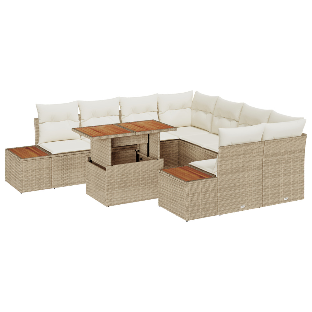 Ensemble de salle à manger de jardin de 9 pièces avec coussins beige en poly rotin et acacia
