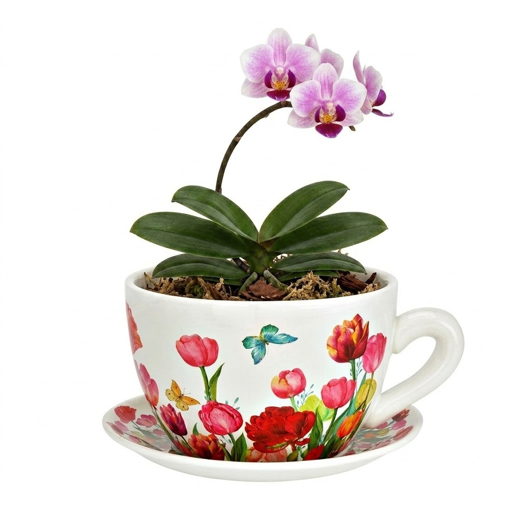 Vase ou pot de fleurs en forme de tasse jolies tulipes