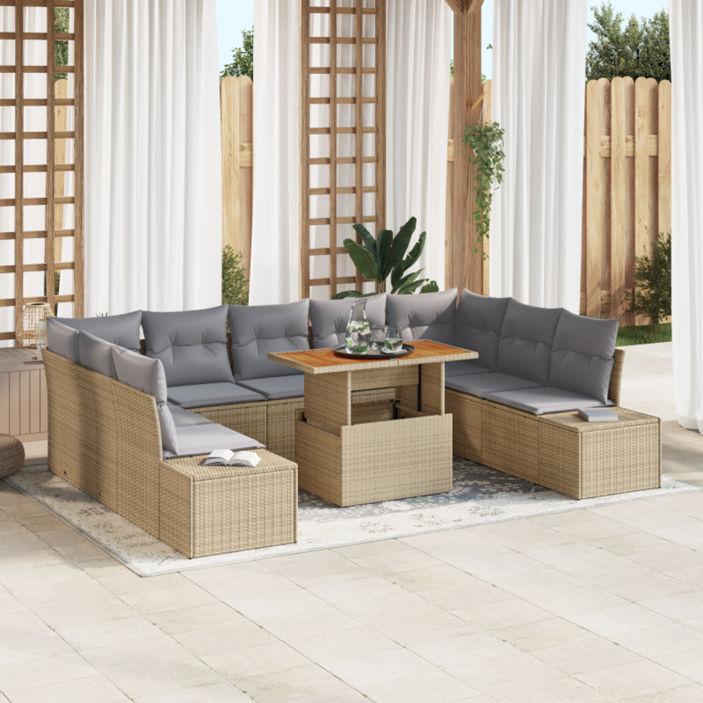 Ensemble de canapé de jardin de 10 pièces avec coussins beige en poly rattan