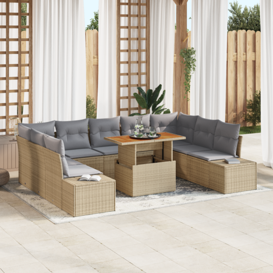 Ensemble de canapé de jardin de 10 pièces avec coussins beige en poly rattan