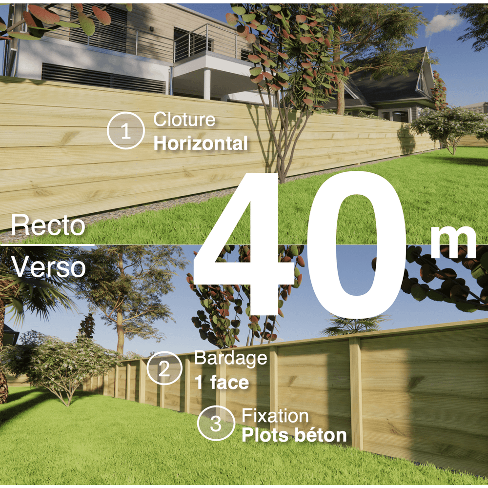 Kit clôture bois moderne 40m – h 0,9m – 21 x 130 mm autoclave vert – pose horizontal – simple face – à sceller
