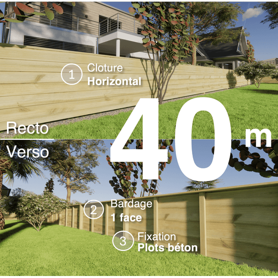 Kit clôture bois moderne 40m – h 0,9m – 21 x 130 mm autoclave vert – pose horizontal – simple face – à sceller