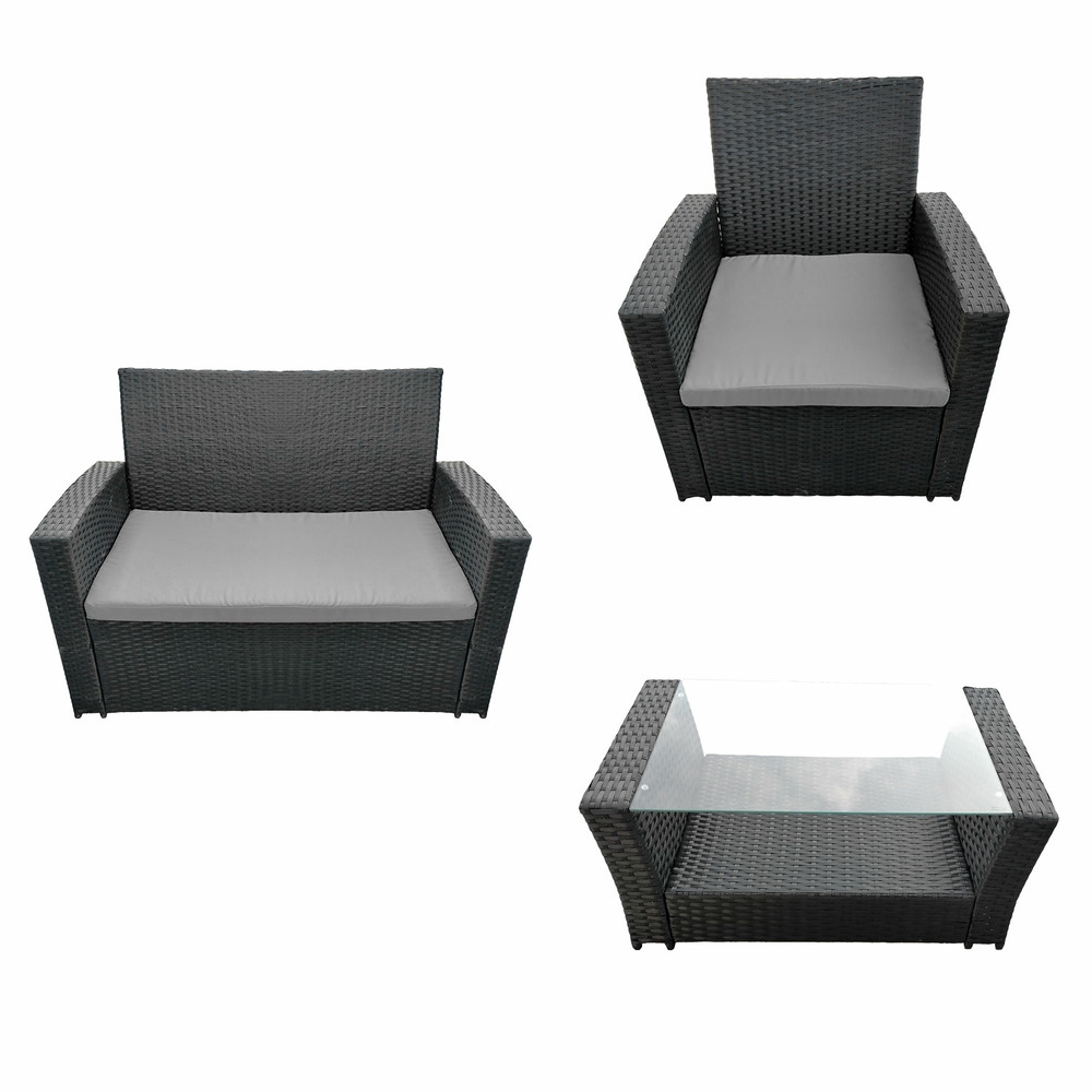 Salon de jardin comino en résine tressée noir 4 places - coussins gris