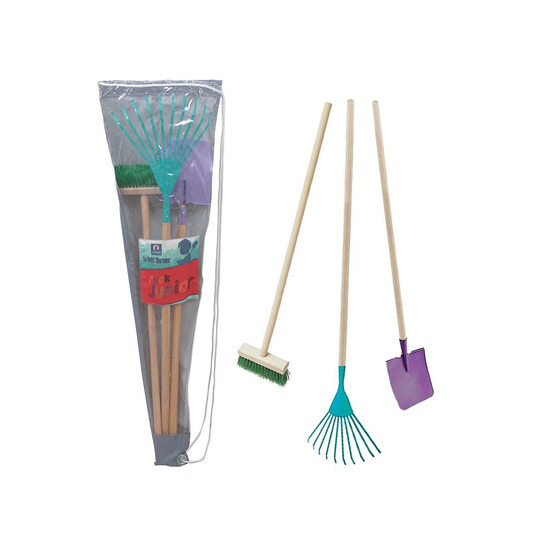 Set 3 outils de jardin enfant + sac de transport pelle + balai + râteau
