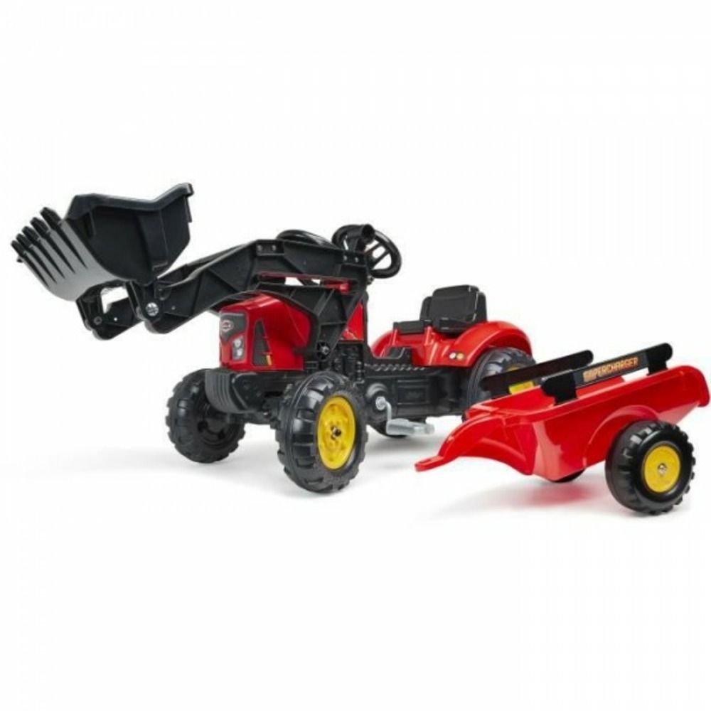 Tracteur a pédales supercharger rouge avec pelle frontale articulée et remorque -