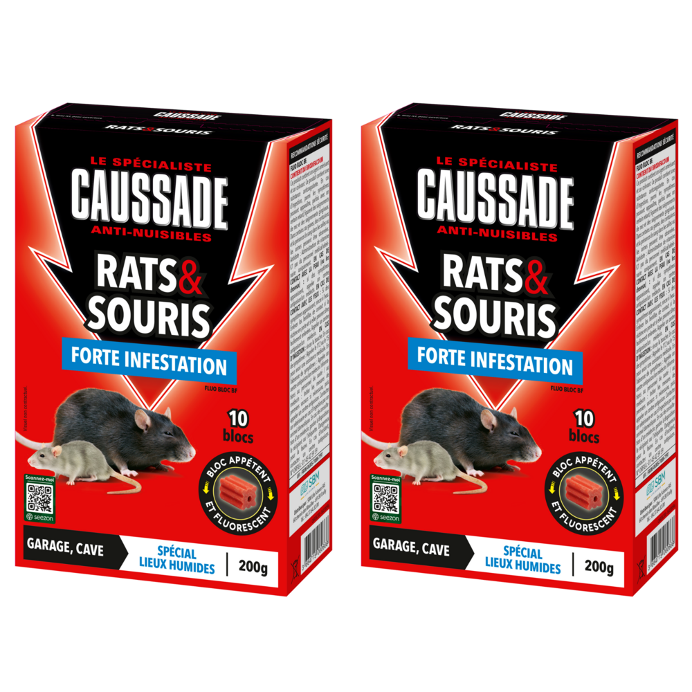 Caussade anti rats & souris - efficacité radicale - lieux très humides – 20 appâts blocs fluorescents - 400g carsbl200x2