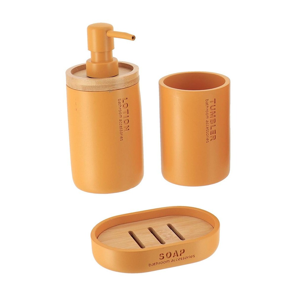 Set gobelet distributeur a savon et porte savon polyresine - moutarde/bambou