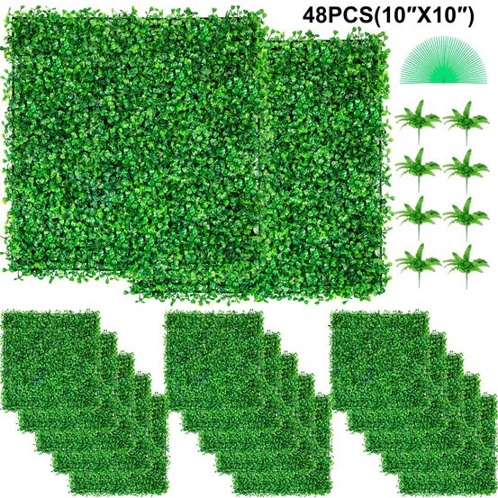 Panneaux de buis artificiels 25,4x25,4 cm, lot de 48, haie réaliste anti-uv, décoration murale intérieur extérieur
