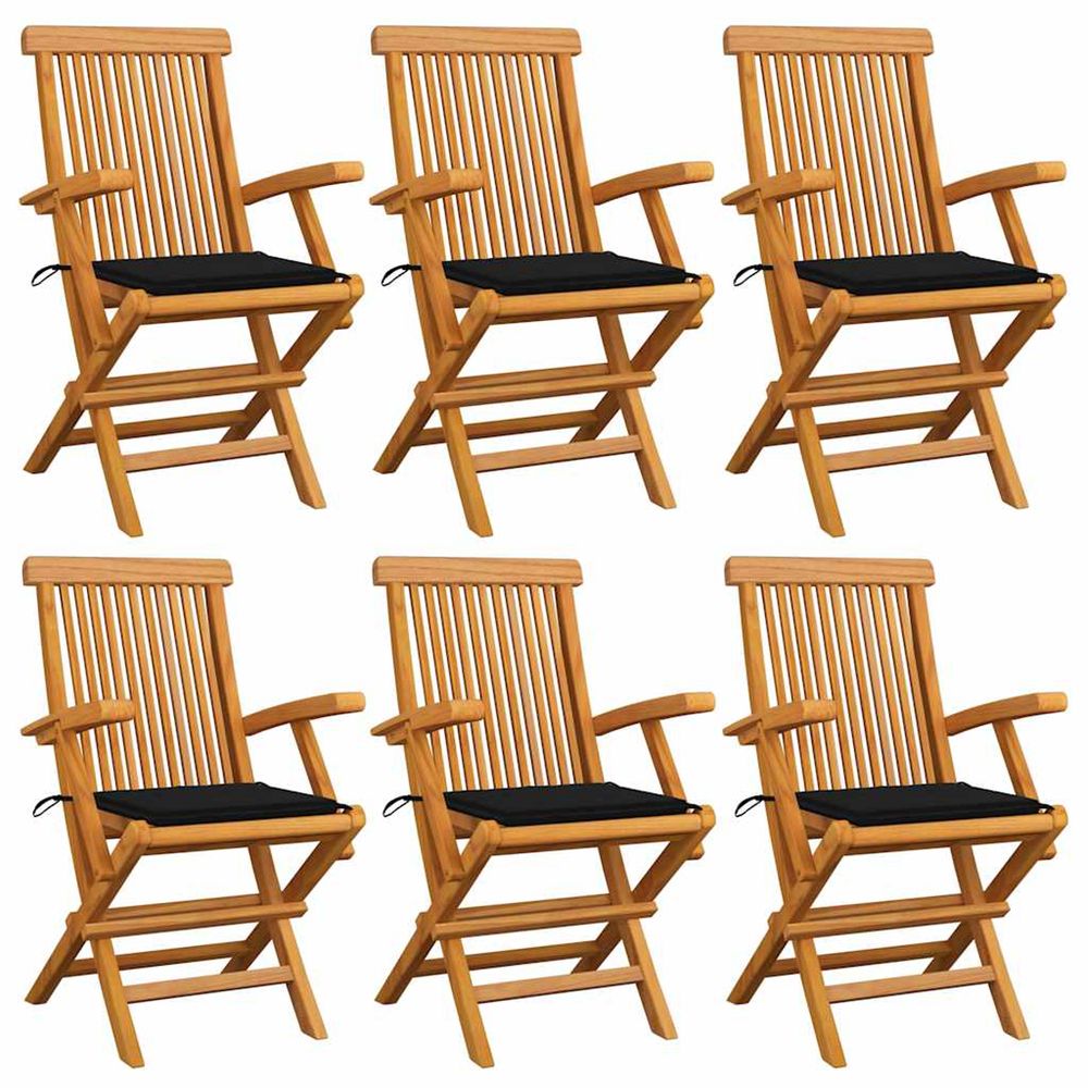 Chaises pliantes avec coussins noirs, 6 pièces, en teck massif