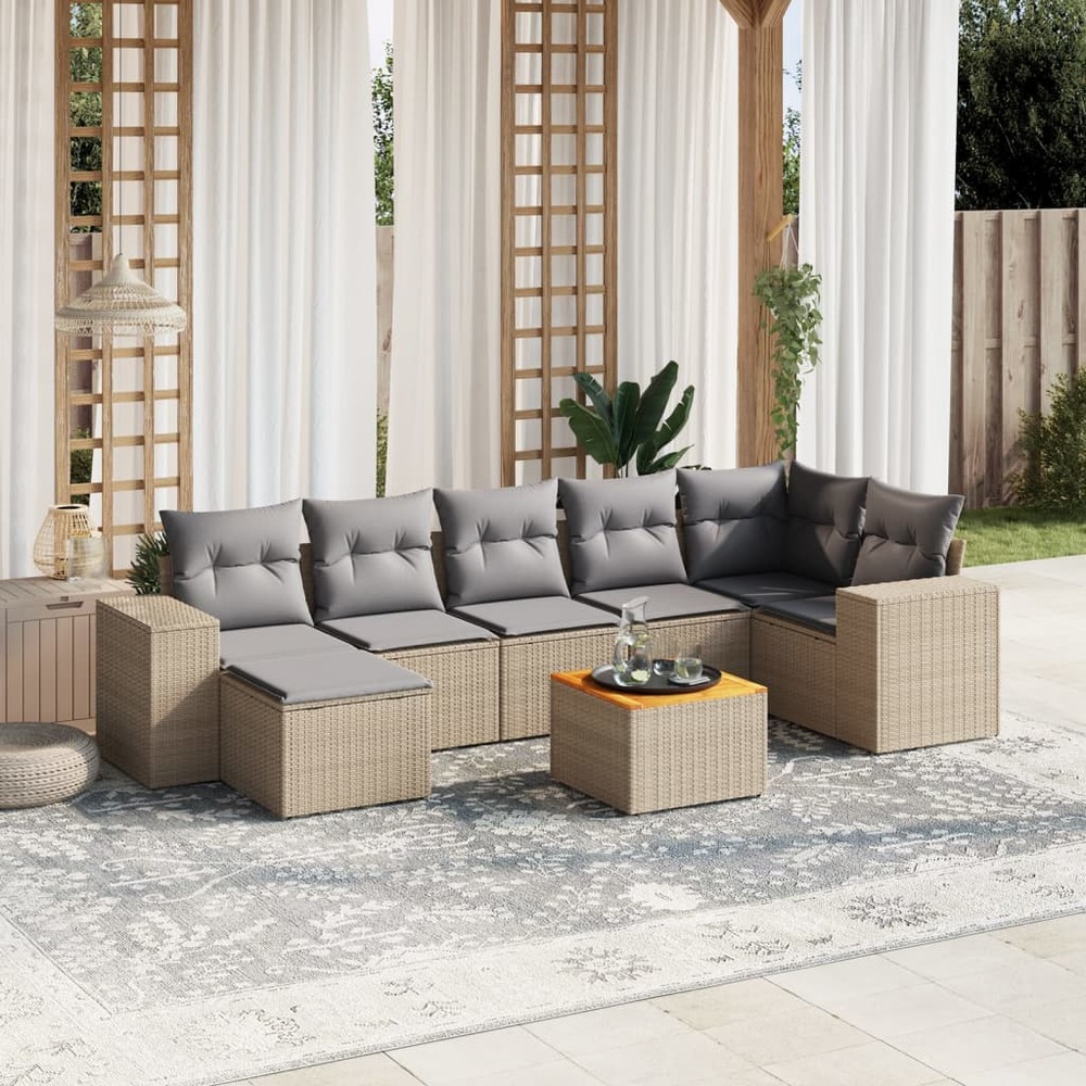 Salon de jardin avec coussins 8 pcs beige résine tressée
