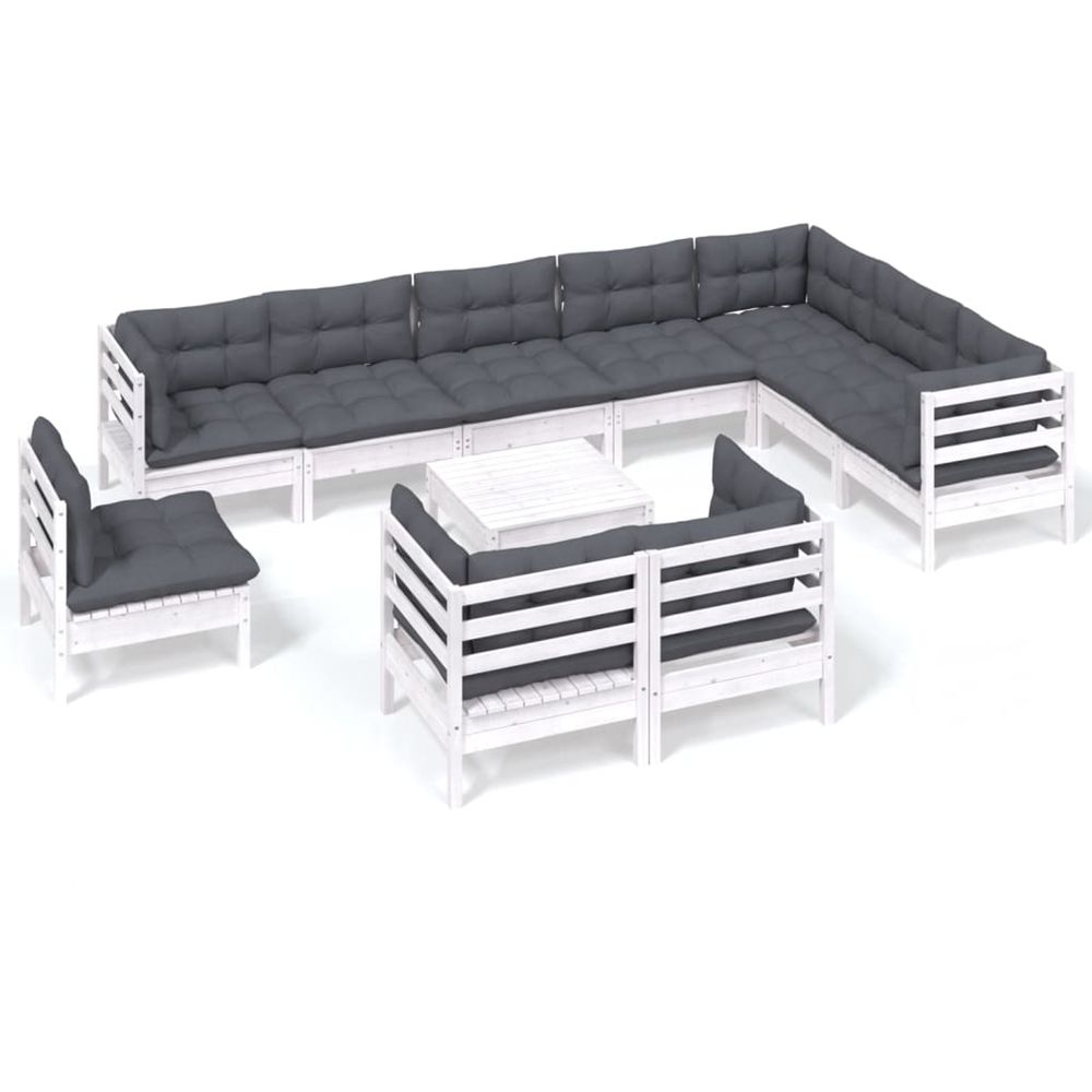 Salon de jardin 11 pcs avec coussins blanc bois de pin solide