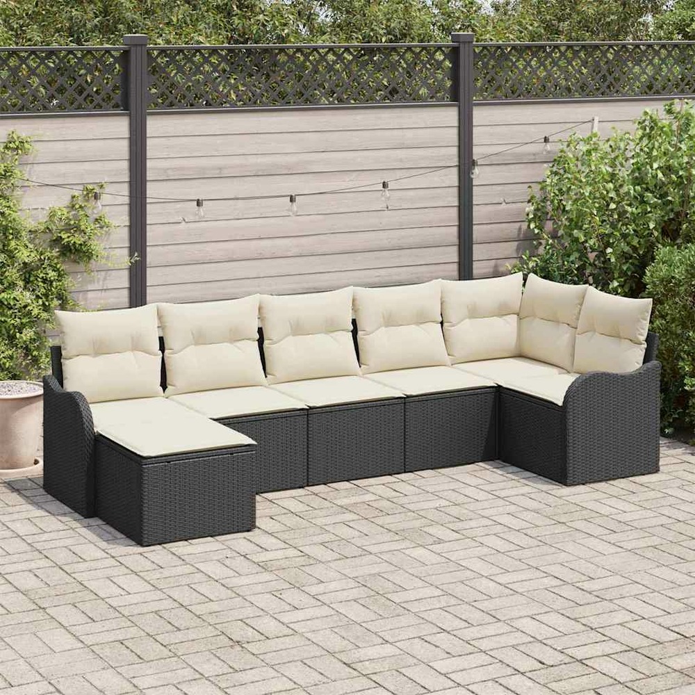 Ensemble de canapé de jardin 7 pcs noir et blanc poly rotin