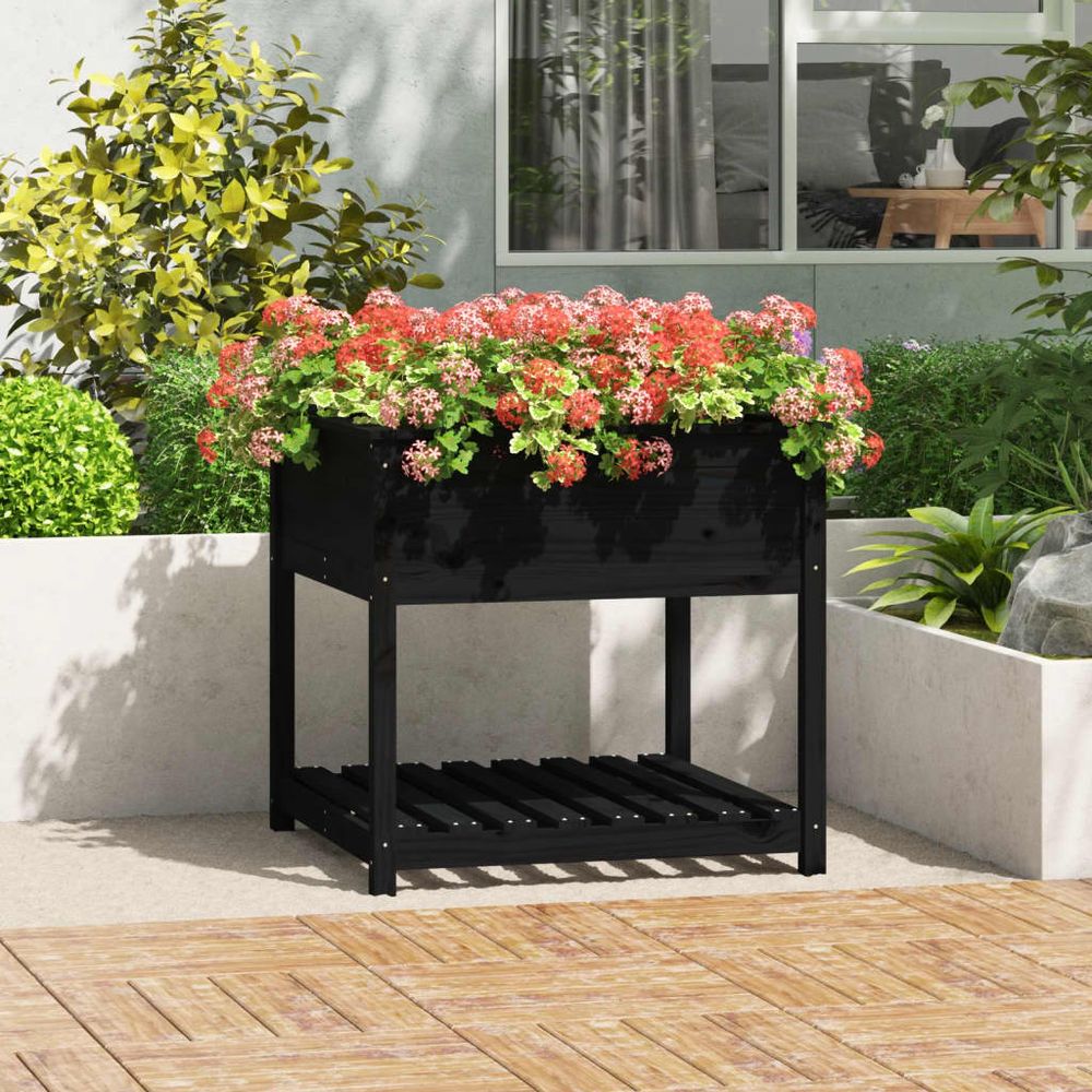 Grand carré potager sur pieds bois avec étagère noir 82,5cm