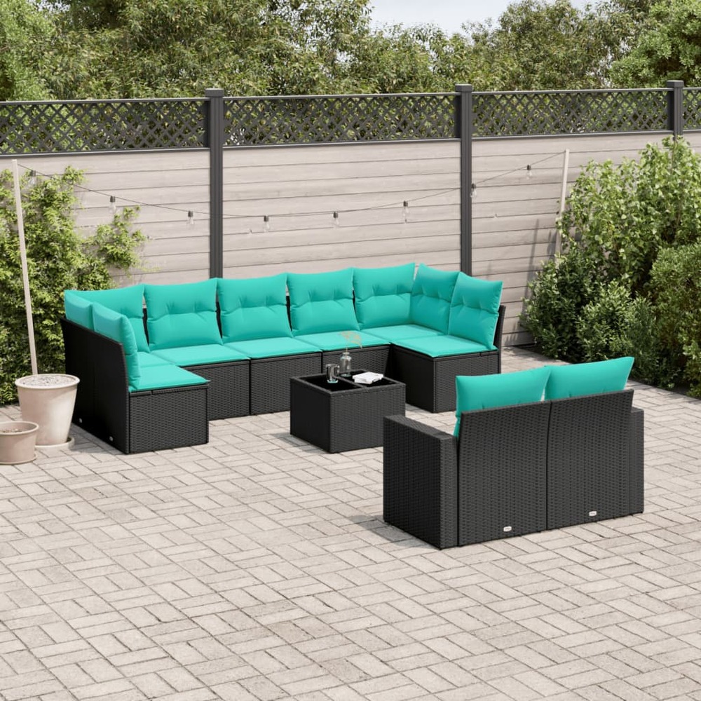 Salon de jardin 10 pcs avec coussins noir résine tressée