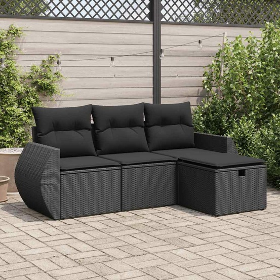 Salon de jardin 4 pcs avec coussins noir résine tressée