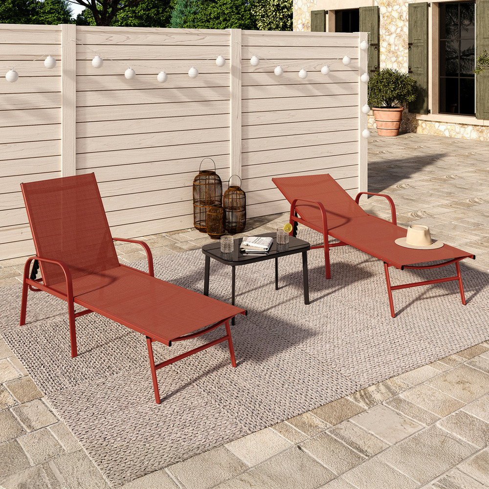 Lot de 2 transats de jardin inclinables fidji en acier et toile terracotta