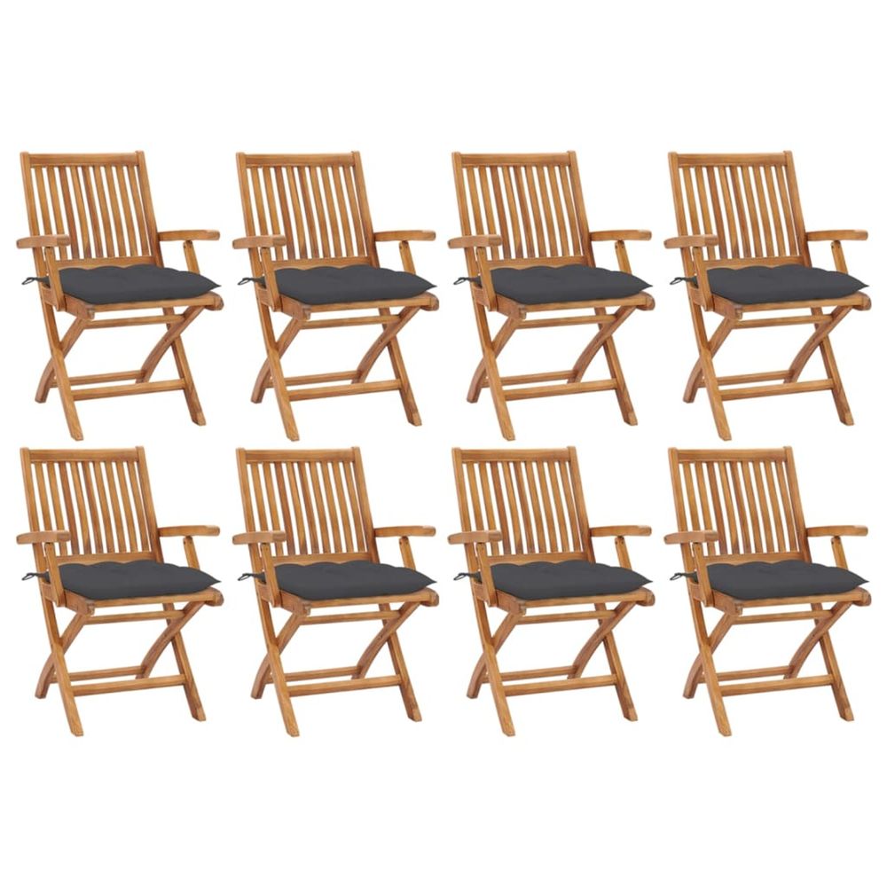 Chaises pliantes avec coussins, 8 pièces, en teck massif