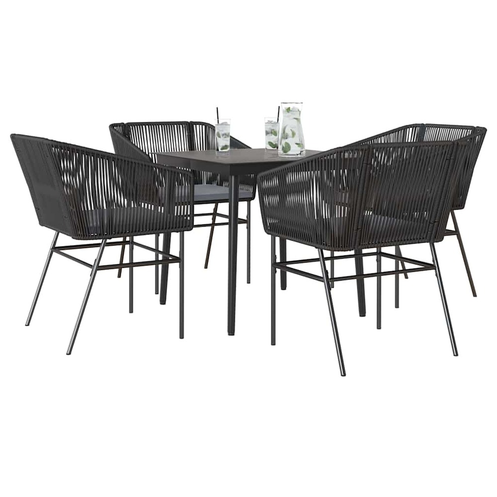 Ensemble à manger de jardin et coussins 5 pcs noir rotin verre