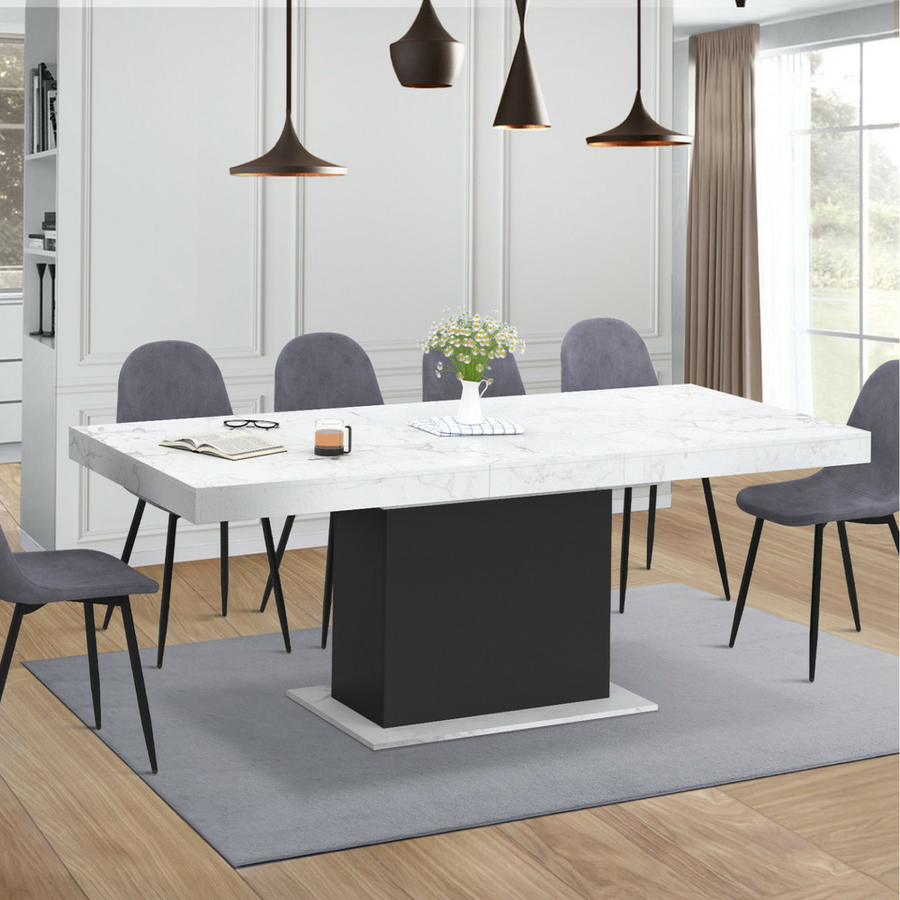 Table à manger extensible rectangle eden 6-10 personnes plateau effet marbre blanc alaska et noir 160-200 cm