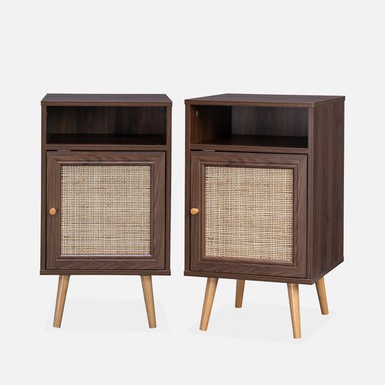 Lot de 2 tables de chevet en cannage - bohème - 40x39x70cm - 2 niveaux - 1 portes - 1 espace de rangement - pieds scandinaves