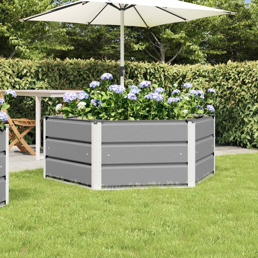 Jardinière hexagonale acier pour jardin terrasse bac à fleurs design 129x129x45 cm gris clair
