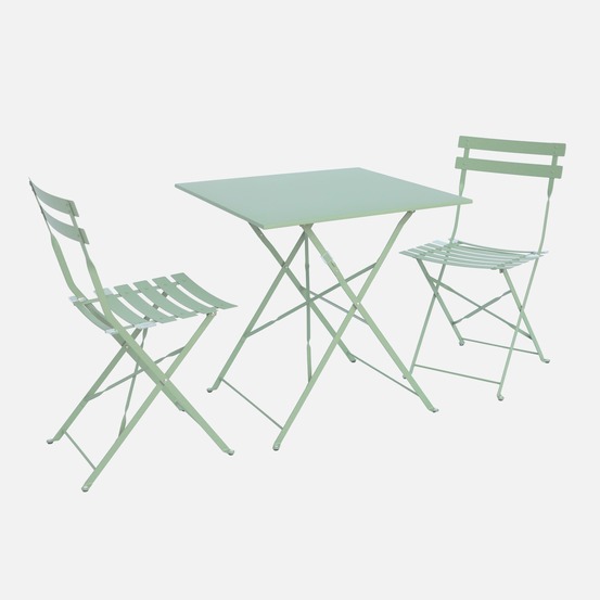 Salon de jardin bistrot pliable emilia carré avec deux chaises pliantes, acier thermolaqué