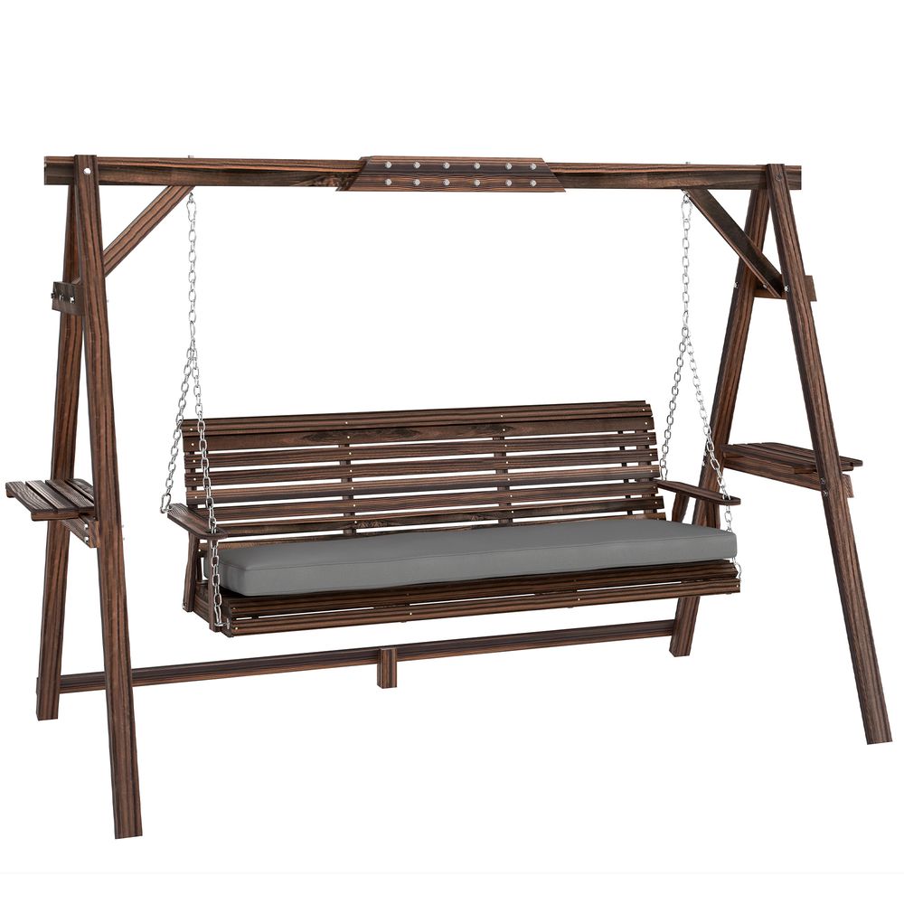 Balançoire jardin 3 places en bois massif robuste, support coussin inclus, charge max 330kg finition brûlée