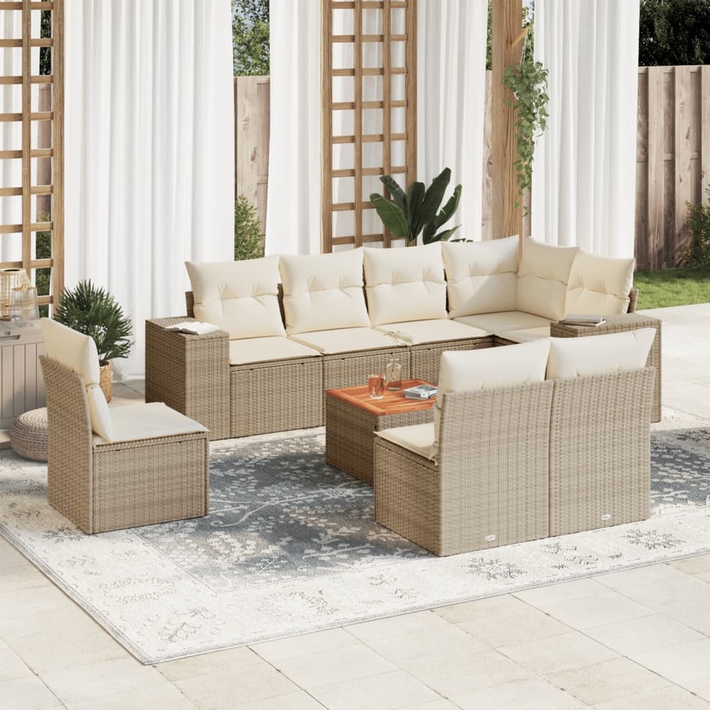Salon de jardin avec coussins 9 pcs beige résine tressée