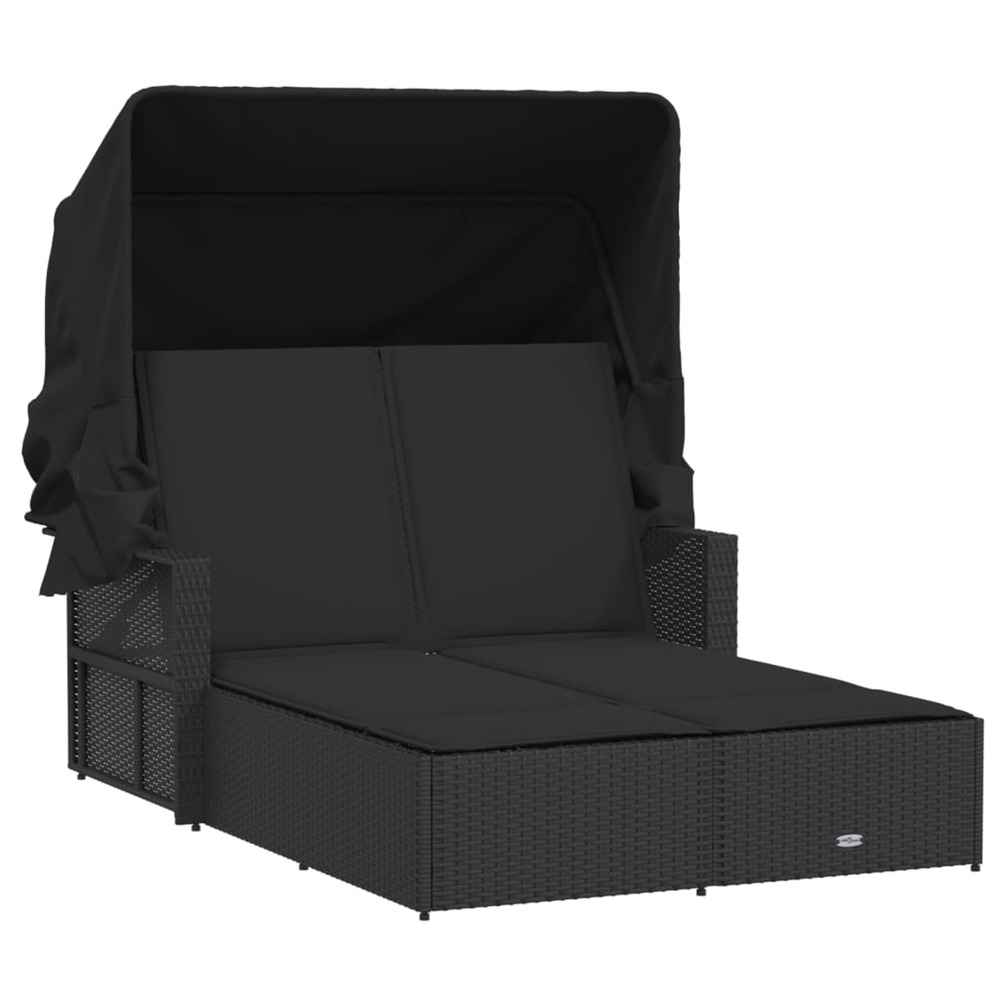 Chaise longue double et auvent et coussins noir résine tressée bain de soleil