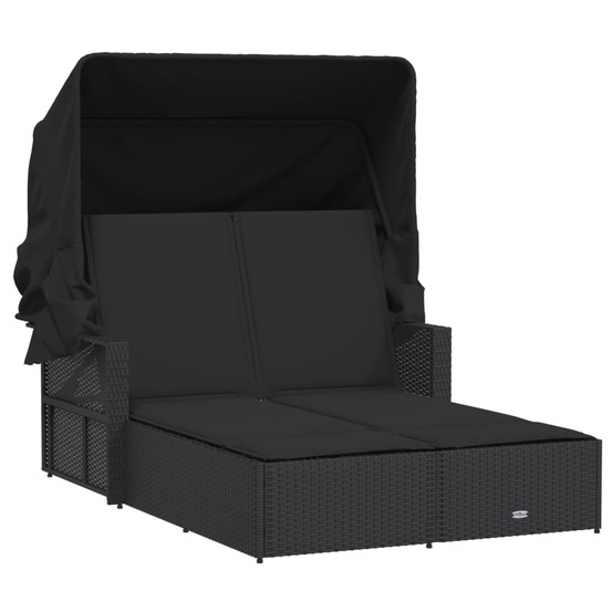 Chaise longue double et auvent et coussins noir résine tressée bain de soleil