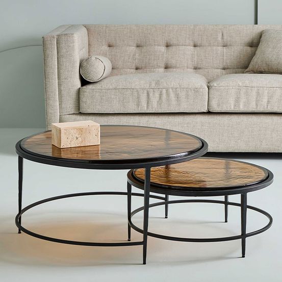 Ensemble tables basses gigogne verre fumé métal noir igloo 86x46cm