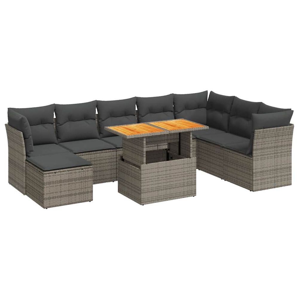 Salon de jardin 9 pcs avec coussins gris résine tressée
